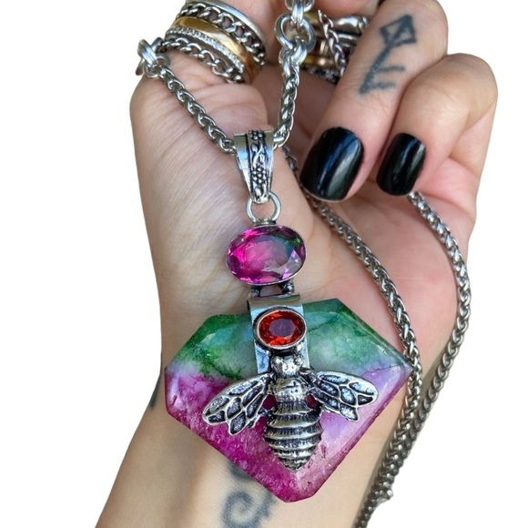 925 sterling silver overlay pink green agate & mystic topaz bee boho necklace . - Picture 8 of 14
